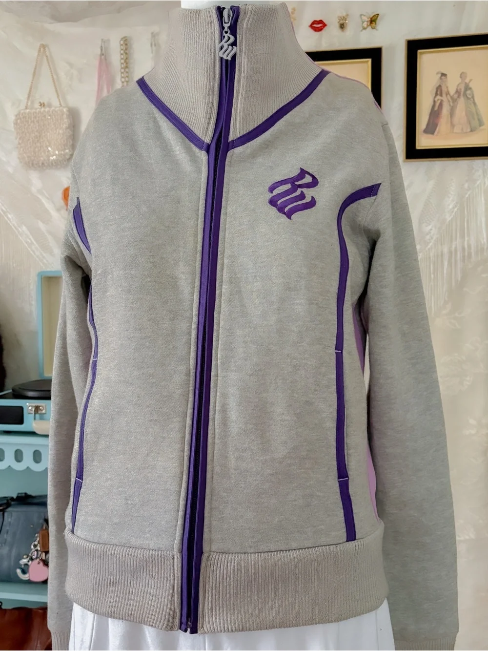 Vintage Y2K sporty casual hip hop girly grey purple zip up jacket - Picture 3 of 6